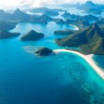 Aerial view of beautiful multi-island Tahiti scenery.