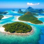 Aerial view of tropical islands with turquoise waters.