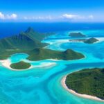 Aerial view of vibrant Tahitian islands with blue waters.