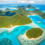 Aerial view of tropical islands with clear blue waters.