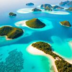 Aerial view of tropical islands and turquoise waters.