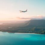 Aerial view of a tropical island with an airplane.