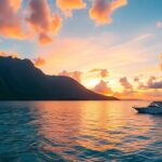 Sunset over Tahiti's clear waters with hills and boat.