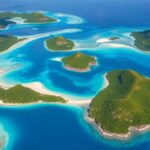 Vue aérienne des îles tahitiennes luxuriantes et des eaux claires.