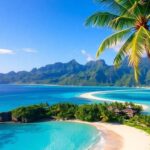 Luxurious resorts on Tahiti's beautiful beach with palm trees.