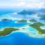 Aerial view of French Polynesia's islands and turquoise waters.