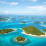 Türkisfarbenes Wasser und üppige Inseln in Tahiti.