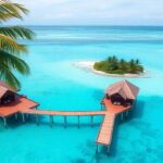 Overwater bungalow surrounded by clear blue waters and islands.