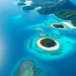 Aerial view of turquoise waters and lush islands.