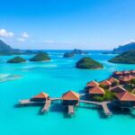 Overwater bungalows in a tropical island paradise.