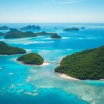 Aerial view of lush islands and turquoise waters in Polynesia.