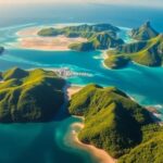 Aerial view of tropical islands with turquoise waters.