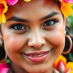 Polynesian dancer, flower lei, tropical festival.