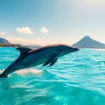 Dolphin leaping from clear blue Polynesian waters near Bora Bora.