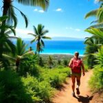 Hiker on a lush Polynesian trail.