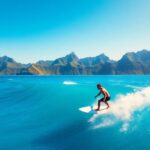 Surfer on a wave in Tahiti, clear blue water.