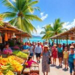 Island market stalls with colorful fruits, flowers, and bustling shoppers.