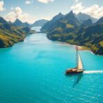 Traditional sailboat near emerald cliffs and turquoise waters in Marquesas.