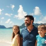 Family on beach; clear water, lush island mountains.