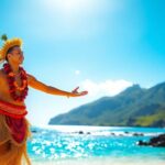 Polynesian dancer, blue ocean, green mountains.