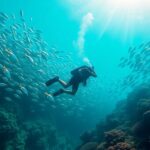 Divers explore vibrant coral reefs with abundant marine life.