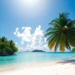 Secluded French Polynesian island beach with clear turquoise water.