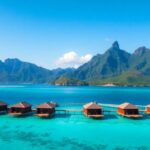 Overwater bungalows in Bora Bora with turquoise lagoon.