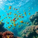Vibrant coral reef teeming with marine life and divers.