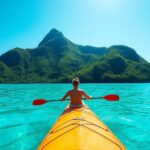 Kayaker paddles clear water near lush green island mountain.