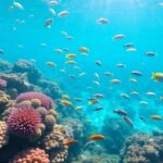 Vibrant coral reef teeming with colorful fish in clear turquoise water.
