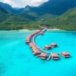 Bora Bora overwater bungalows and turquoise lagoon.