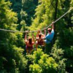 People zip-lining through a lush forest.